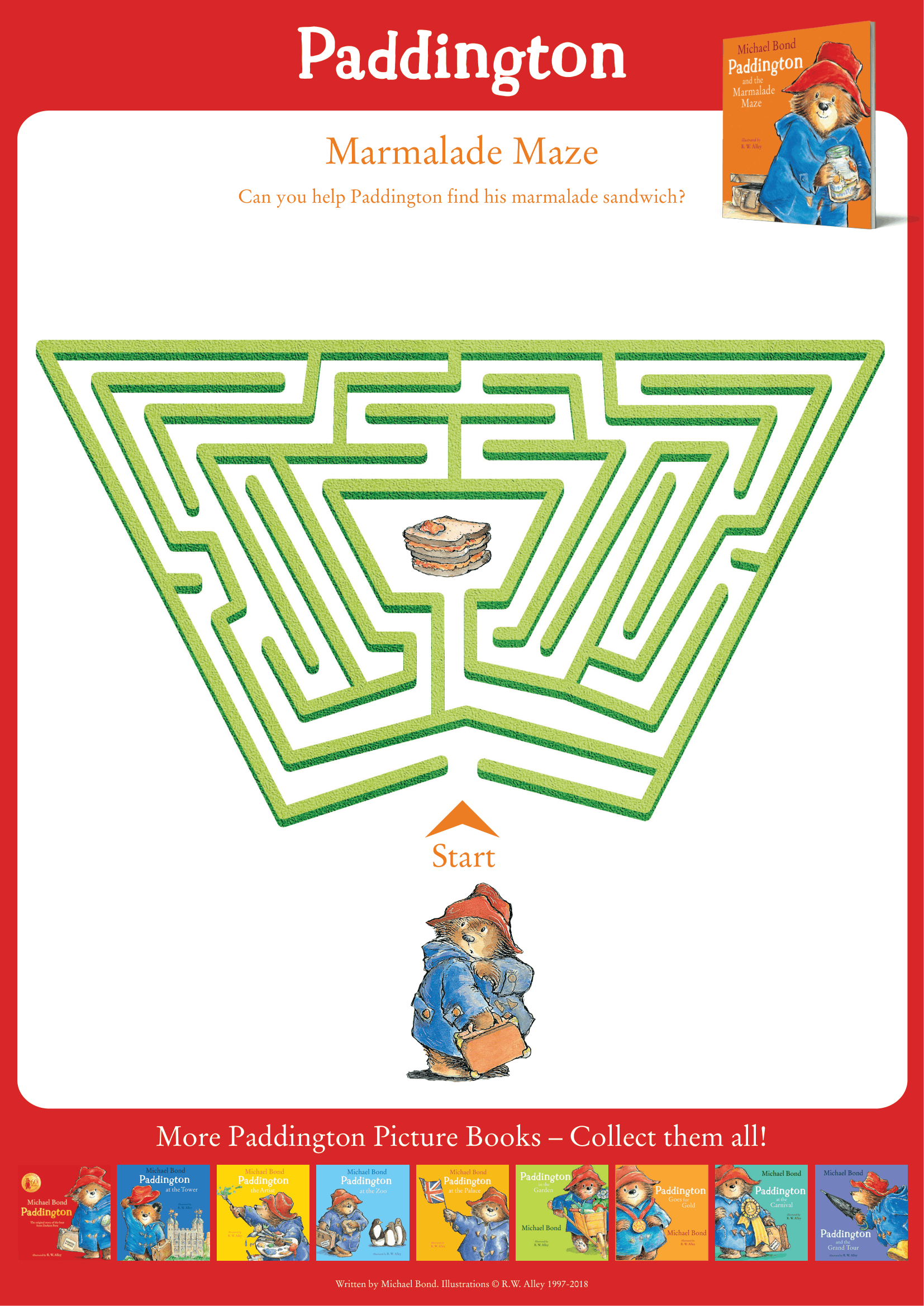 Free printable Paddington maze activity sheet.